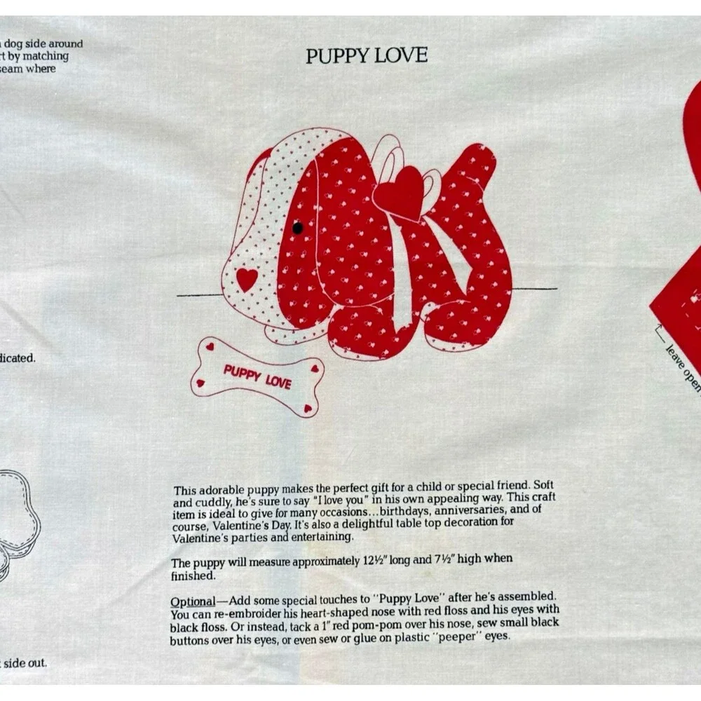 Vtg Puppy Love Cut &Sew Panel Stuffed Valentine Puppy Cranston Red Hearts Dog